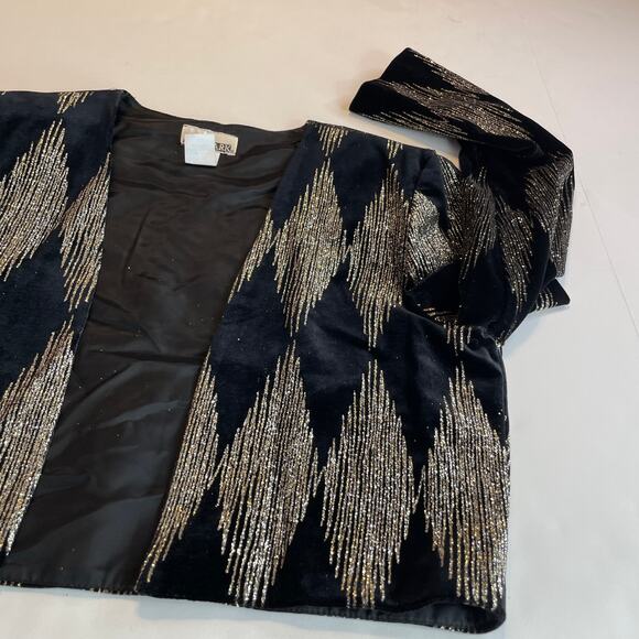 Vintage After Dark Black Velvet Glitter Argyle Cropped Dressy Evening Jacket 10 - Picture 6 of 10